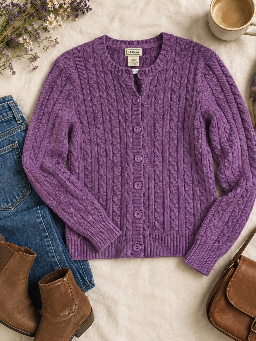 L.L.Bean Purple Chunky Cable Knit Cotton Cardigan Sweater Preppy XS